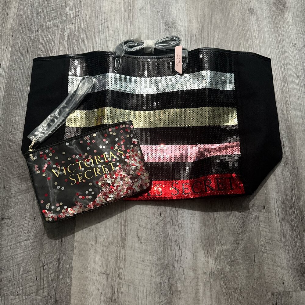 NWT VS rainbow sequin canvas tote bag w/makeup bag